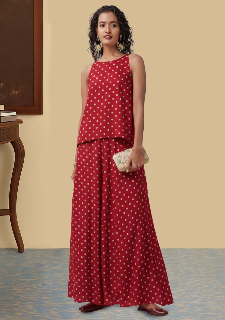 Cherry Red Moss Fusion Set with Embroidered for Diwali | Wedding & Festive Wear - Indya
