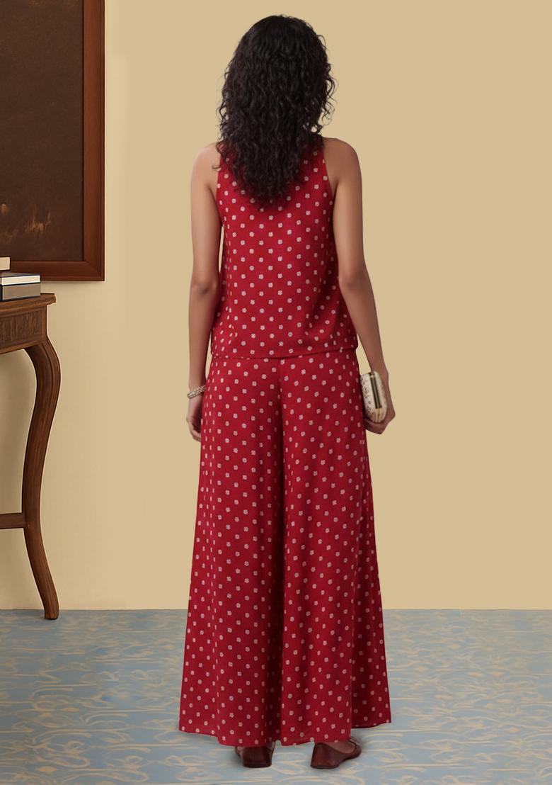 Cherry Red Embroidered Moss Fusion Set - Indya