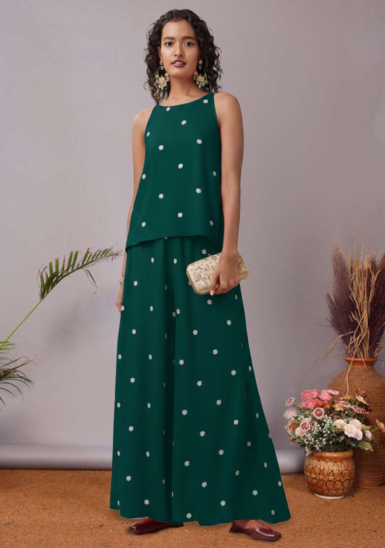 Bottle Green Moss Fusion Set with Embroidered for Diwali | Wedding & Festive Wear - Indya