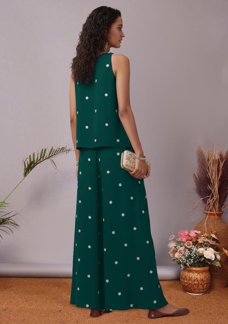 Bottle Green Embroidered Moss Fusion Set - Indya