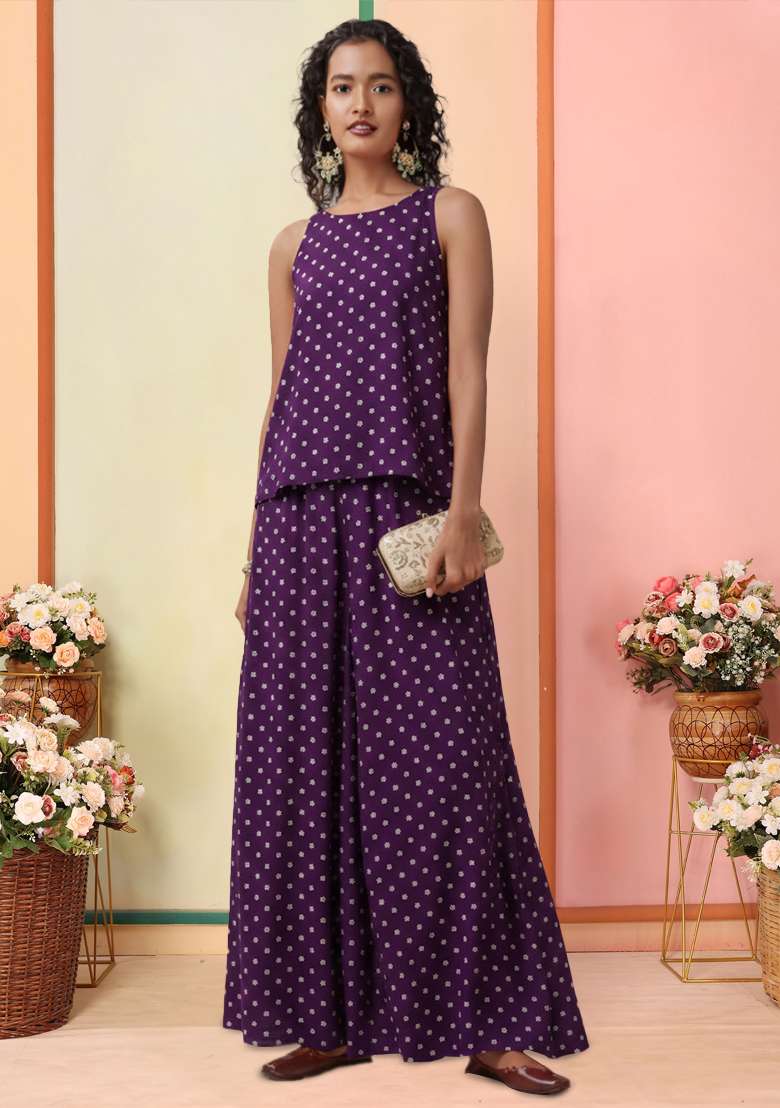 Purple Embroidered Moss Fusion Set for Diwali and Festive Wear - Indya