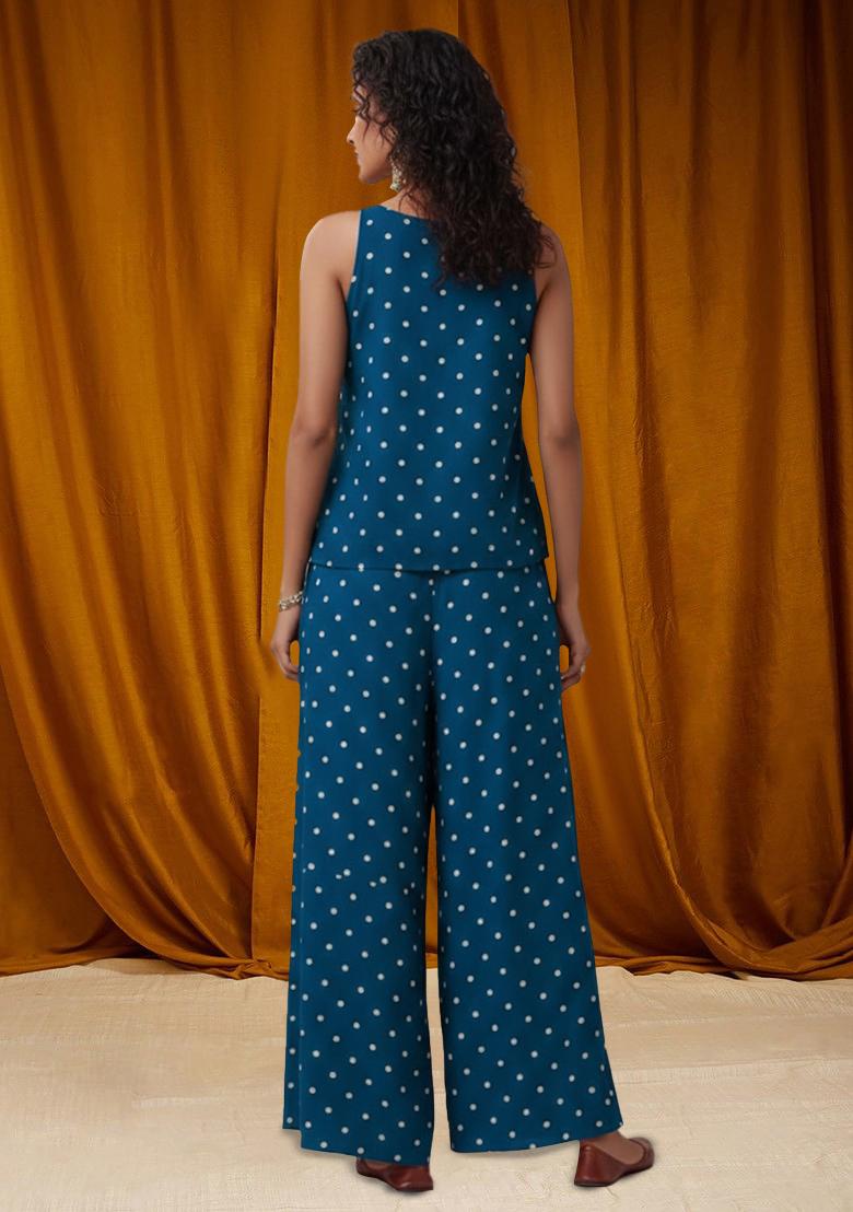 Teal Blue Embroidered Moss Fusion Set - Indya