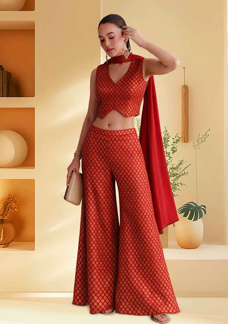 Copper Red Brocade Fusion Set for Diwali | Wedding & Festive Wear - Indya