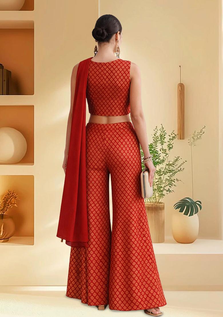 Copper Red Brocade Fusion Set - Indya