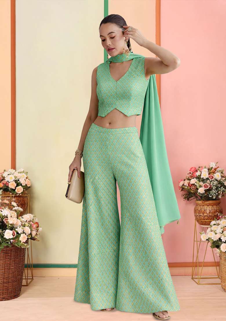 Mint Green Brocade Fusion Set for Diwali and Festive Wear - Indya