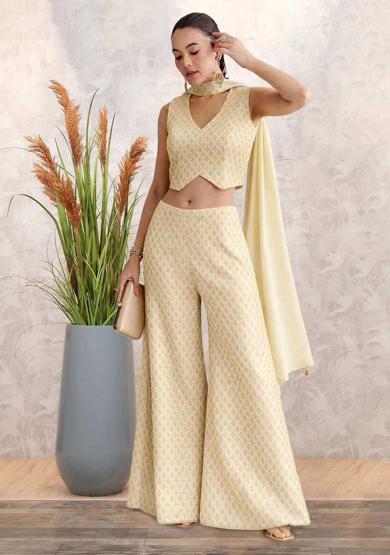 Ivory Brocade Fusion Set for Diwali | Wedding & Festive Wear - Indya