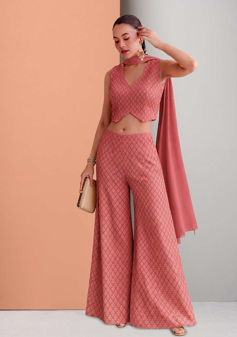 Pink Brocade Fusion Set for Diwali and Festive Wear - Indya