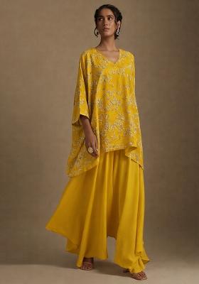 Yellow Embroidered Crepe Fusion Set