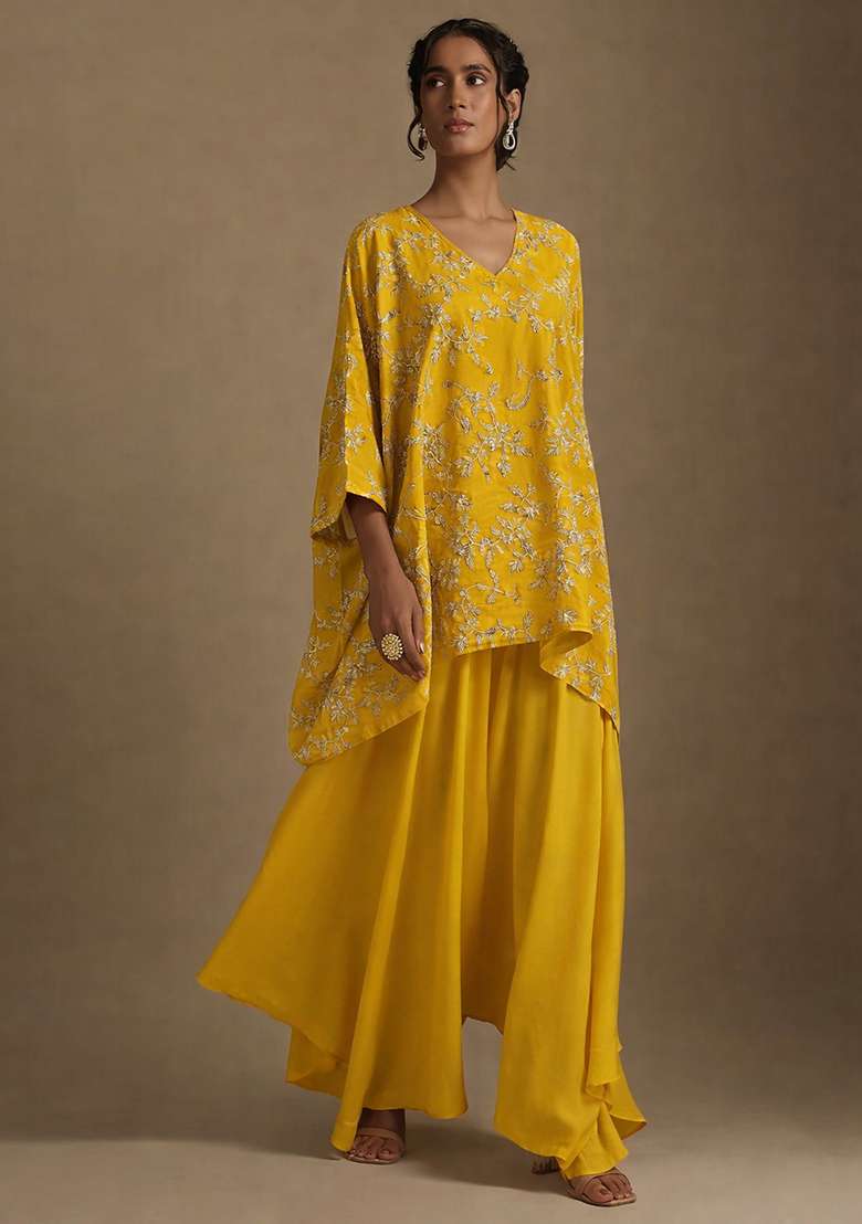 Yellow Embroidered Crepe Fusion Set - Indya