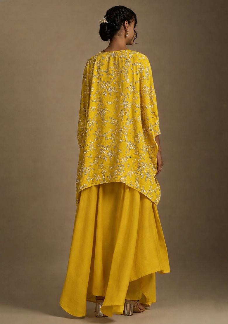 Yellow Embroidered Crepe Fusion Set - Indya