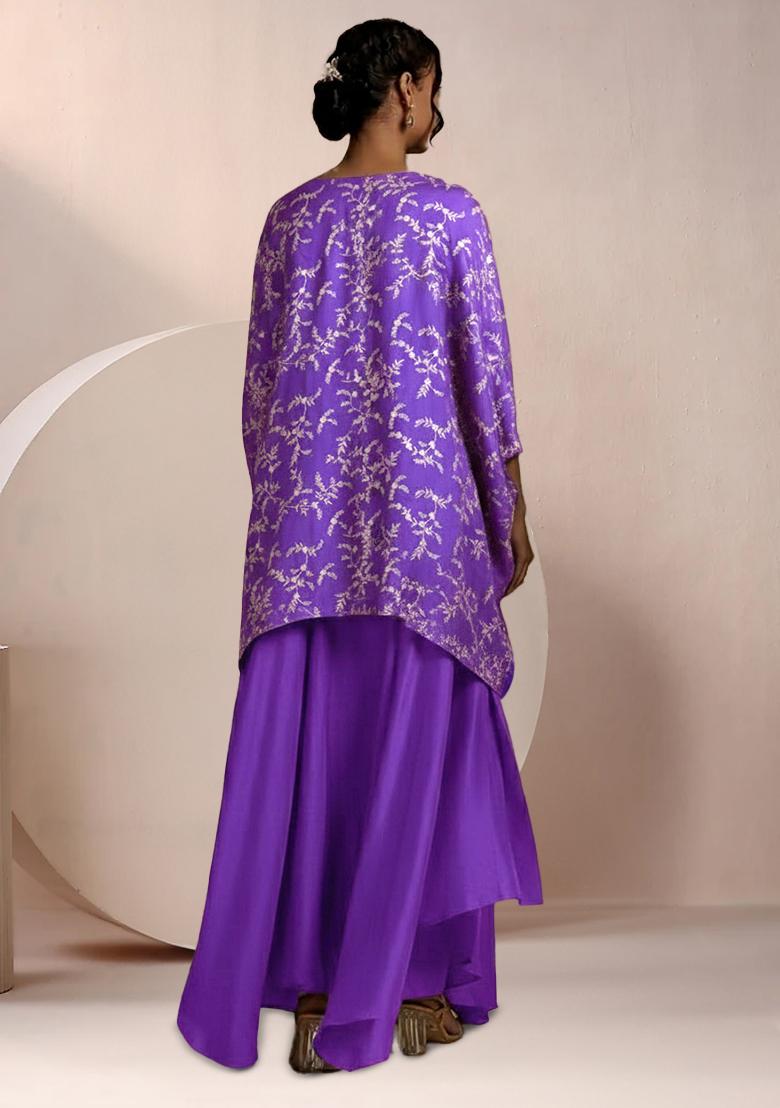 Purple Embroidered Crepe Fusion Set - Indya