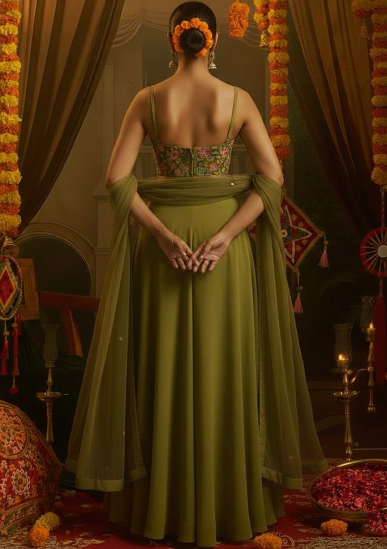 Olive Green Floral Print Crepe Fusion Set - Indya