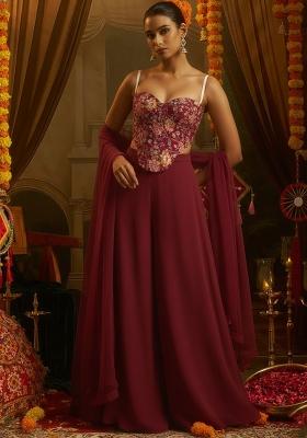 Maroon Floral Print Crepe Fusion Set