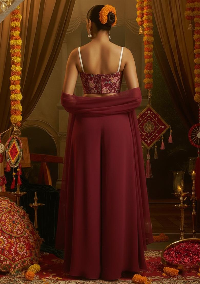 Maroon Floral Print Crepe Fusion Set - Indya