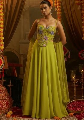 Lime Green Floral Print Crepe Fusion Set