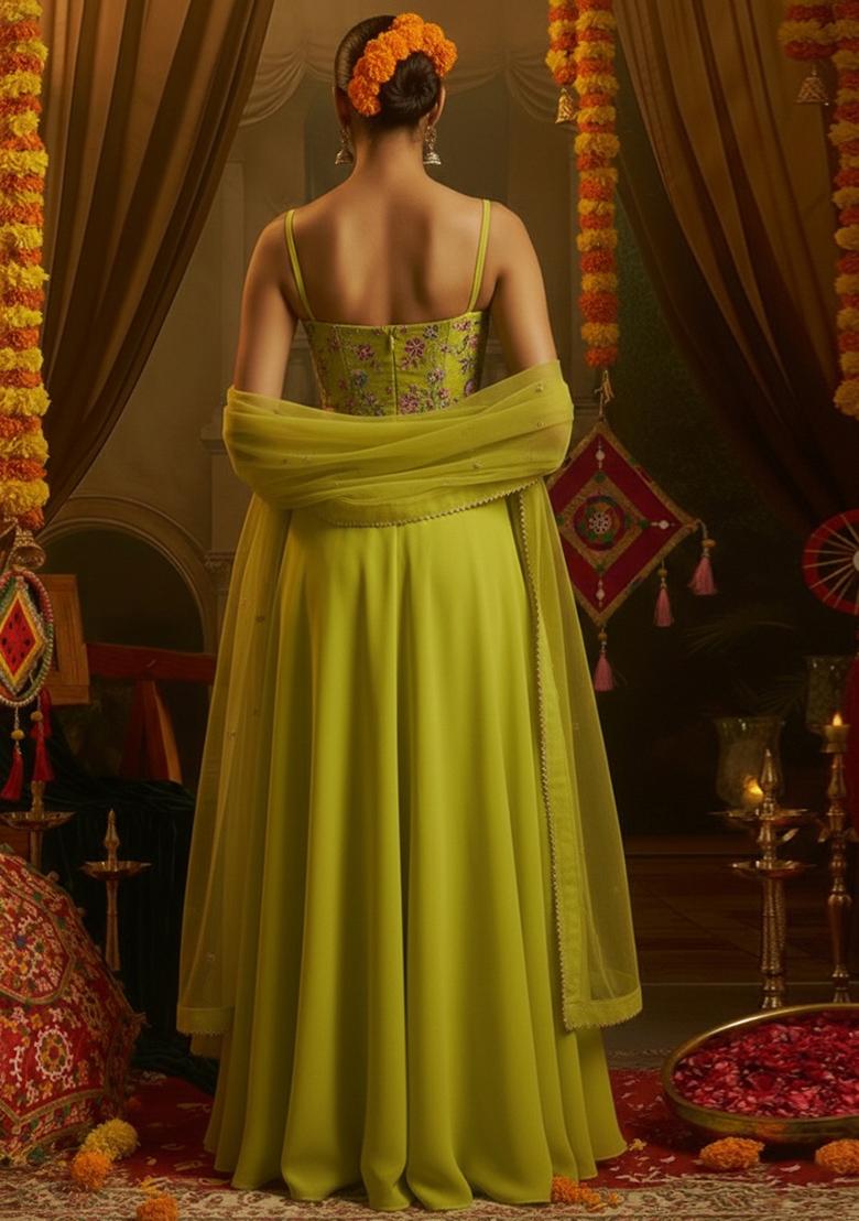 Lime Green Floral Print Crepe Fusion Set - Indya