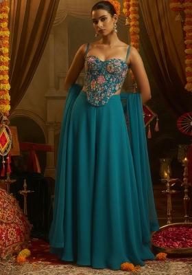 Teal Blue Floral Print Crepe Fusion Set