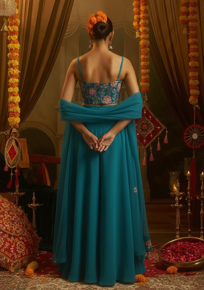 Teal Blue Floral Print Crepe Fusion Set - Indya