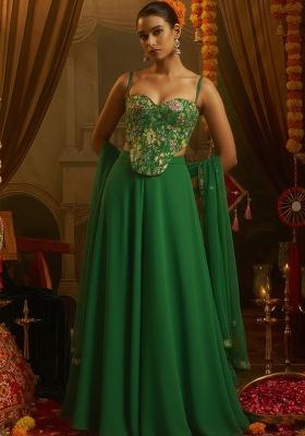 Bottle Green Floral Print Crepe Fusion Set