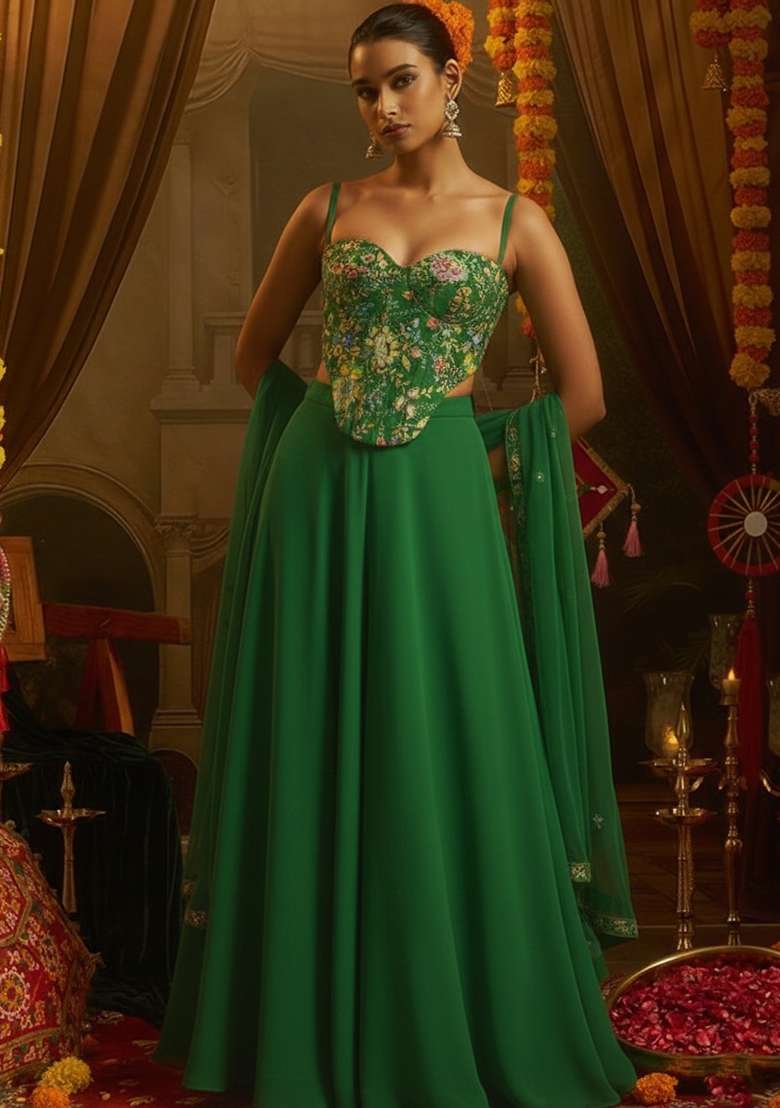 Bottle Green Floral Print Crepe Corset Blouse Fusion Set for Diwali and Festive Wear - Indya