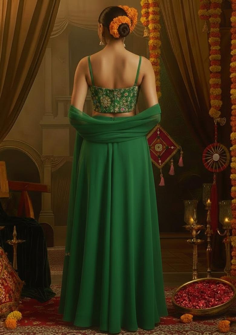 Bottle Green Floral Print Crepe Fusion Set - Indya