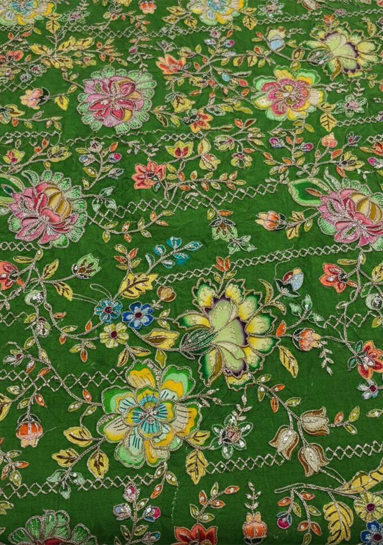 Bottle Green Floral Print Crepe Corset Blouse Fusion Set for Diwali and Festive Wear - Indya