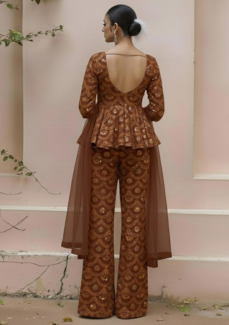Brown Sequin Crepe Fusion Set - Indya