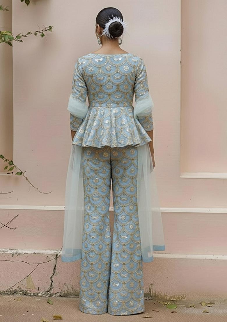 Powder Blue Sequin Crepe Fusion Set - Indya