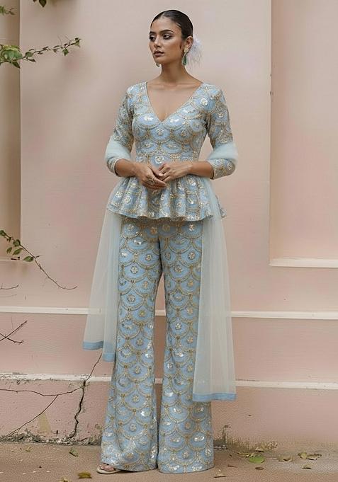 Powder Blue Sequin Crepe Fusion Set