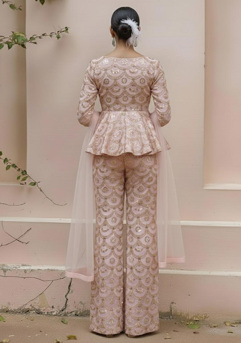 Pink Sequin Crepe Fusion Set - Indya