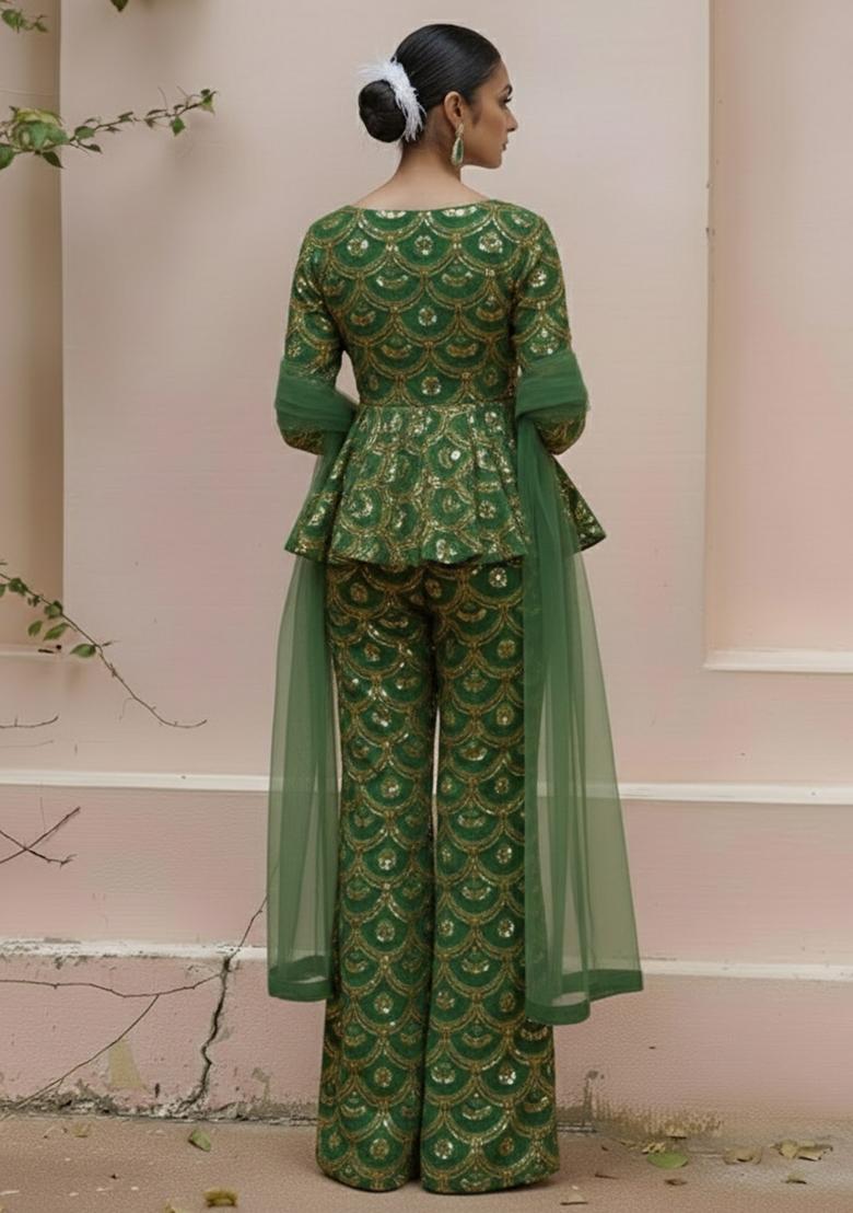Green Sequin Crepe Fusion Set - Indya