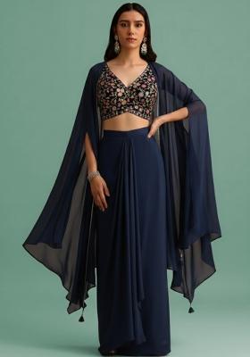 Midnight Blue Embroidered Velvet Fusion Set