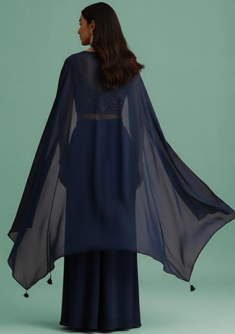 Midnight Blue Embroidered Velvet Fusion Set - Indya