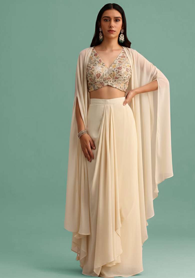 Beige Embroidered Tissue Fusion Set - Indya