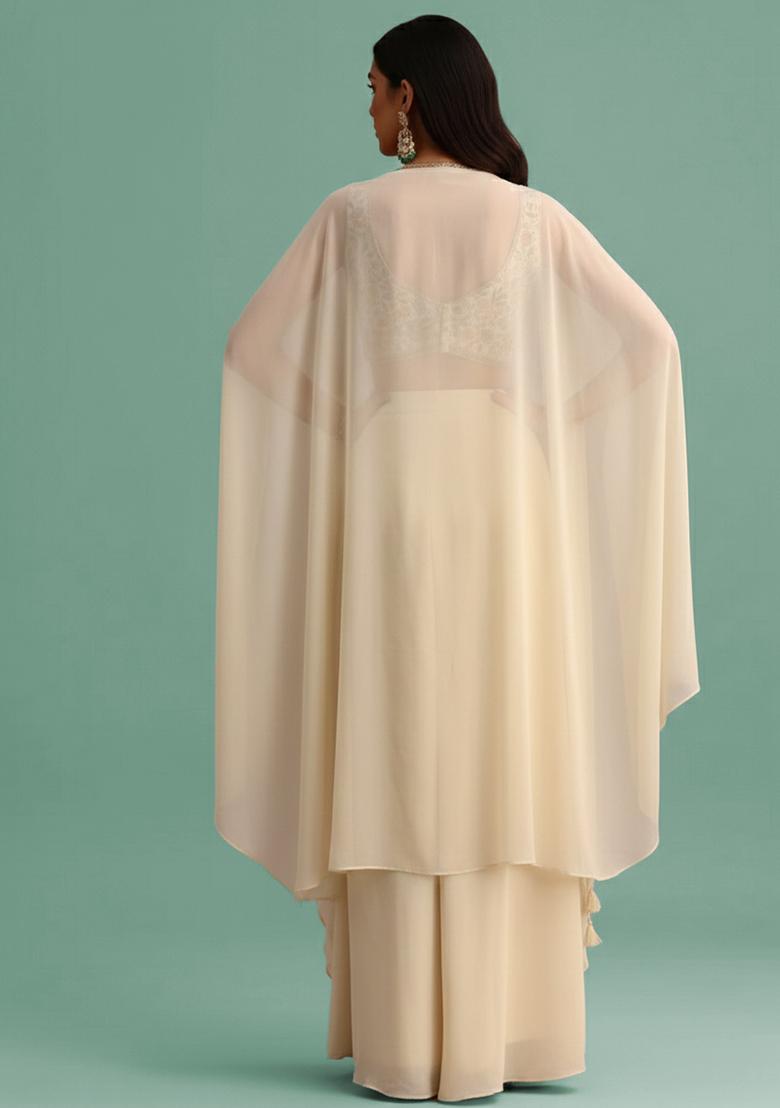 Beige Embroidered Tissue Fusion Set - Indya