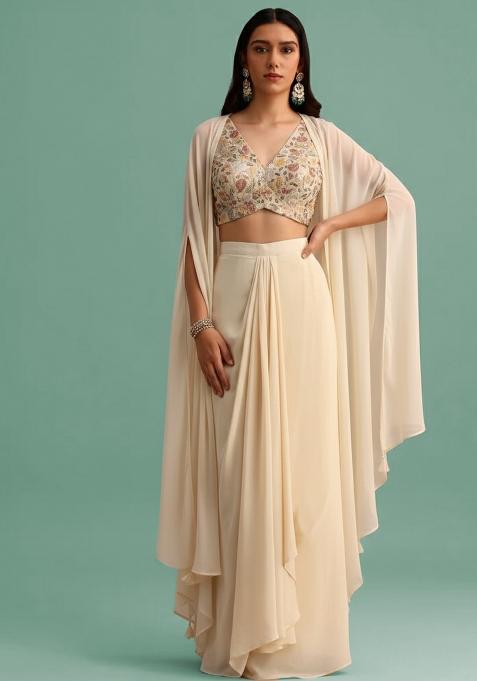 Beige Embroidered Tissue Fusion Set — view on Indya