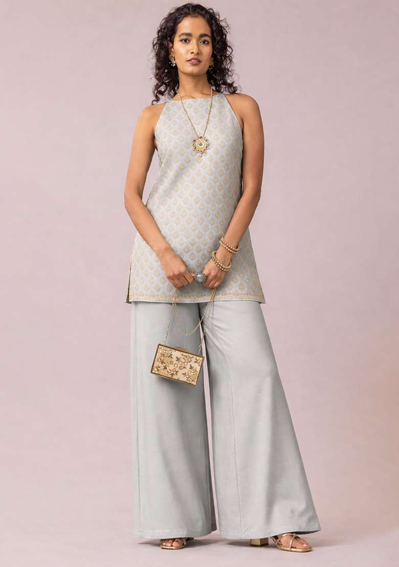 Ice Blue Jacquard Brocade Co Ord Set - Indya
