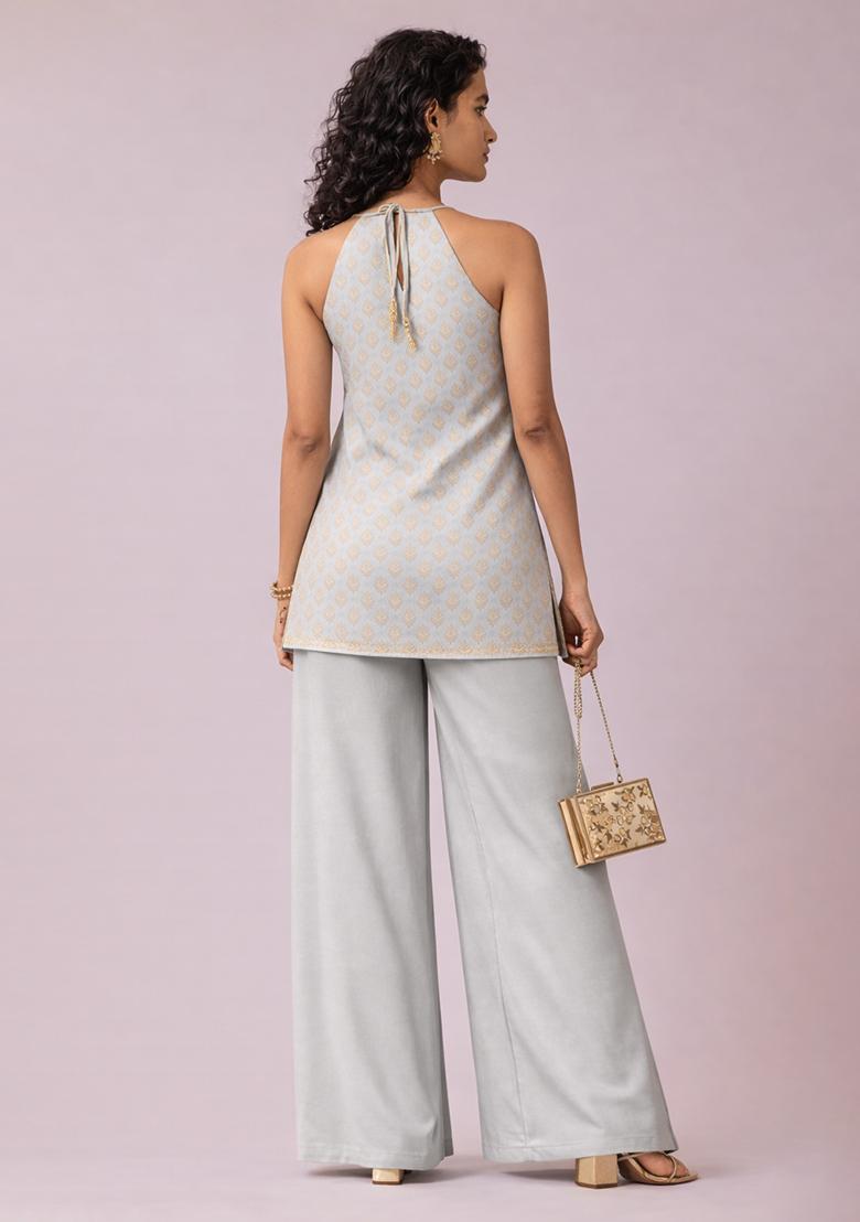 Ice Blue Brocade Kurta Set - Indya