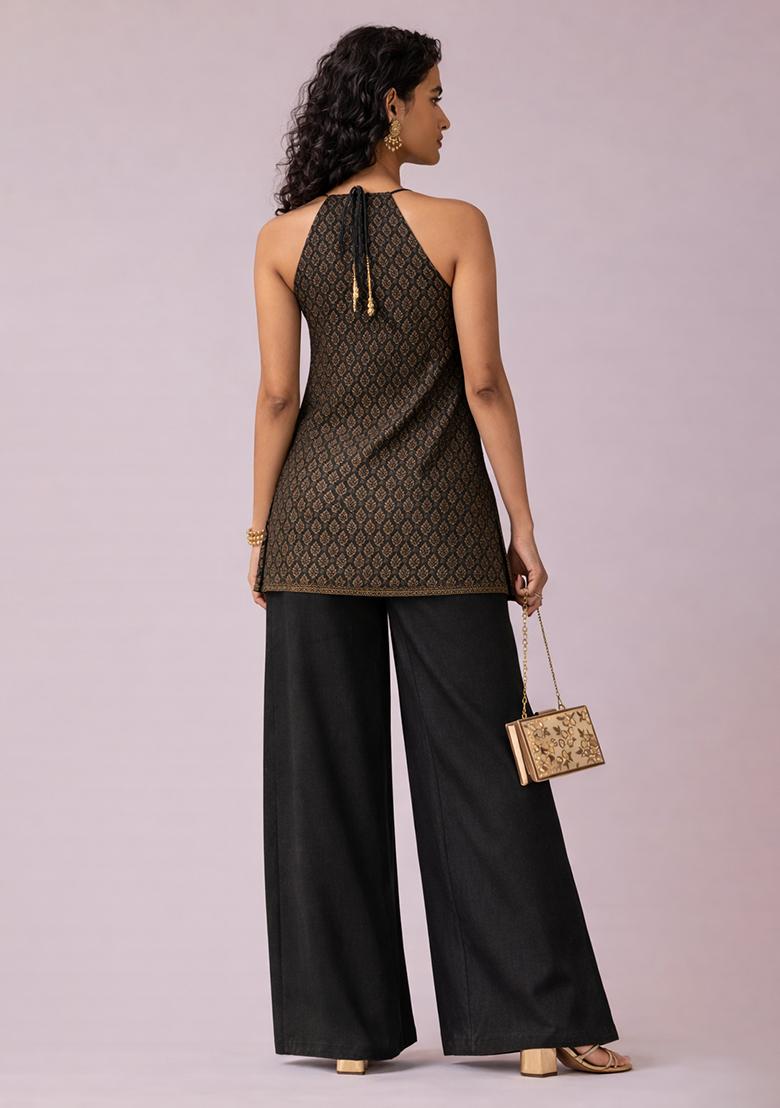 Black Brocade Kurta Set - Indya