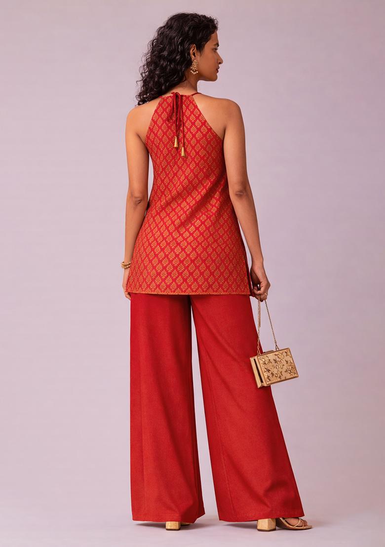 Red Brocade Kurta Set - Indya