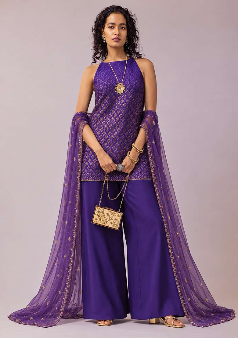 Royal Purple Jacquard Brocade Straight Kurta Set - Indya