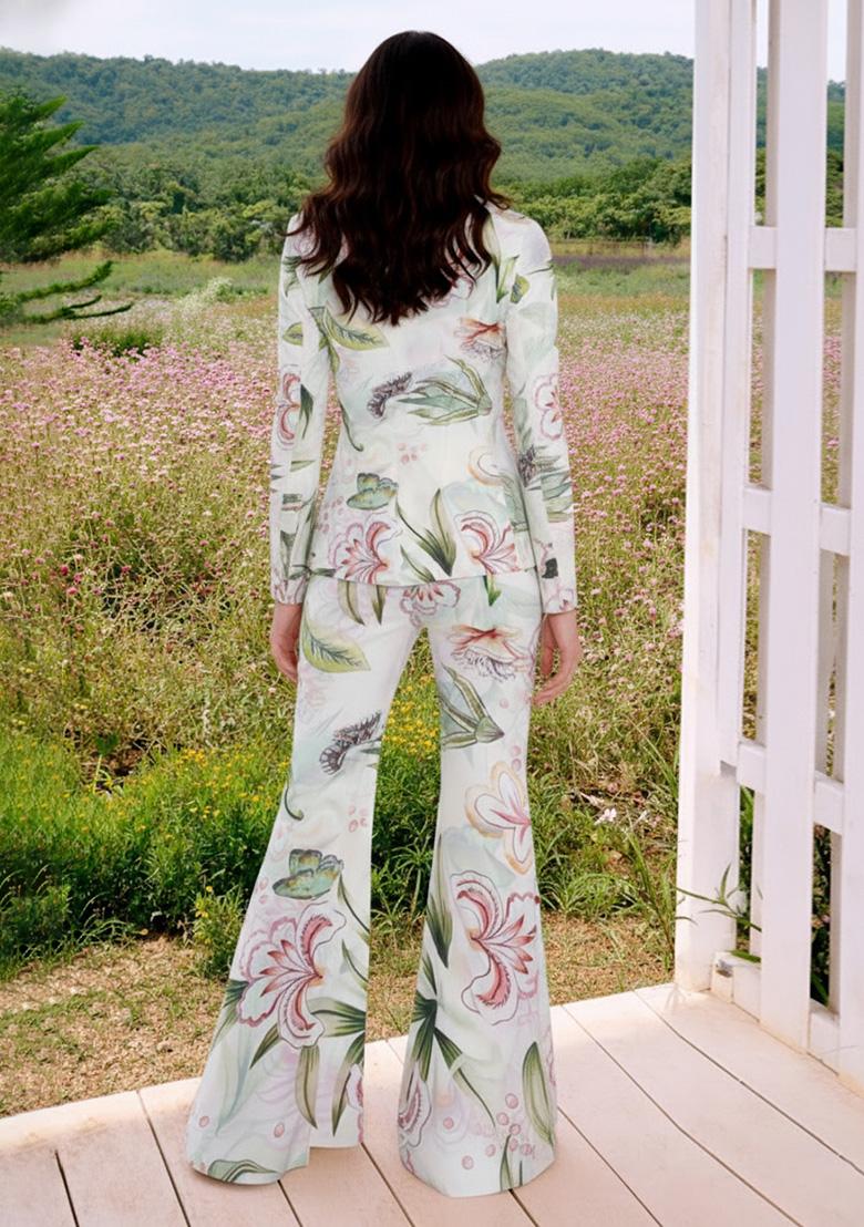 White Floral Print Chinon Fusion Set - Indya