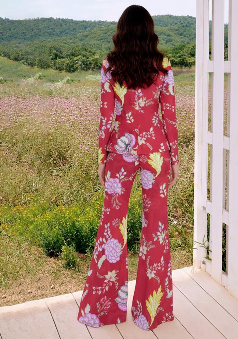 Red Floral Print Chinon Fusion Set - Indya