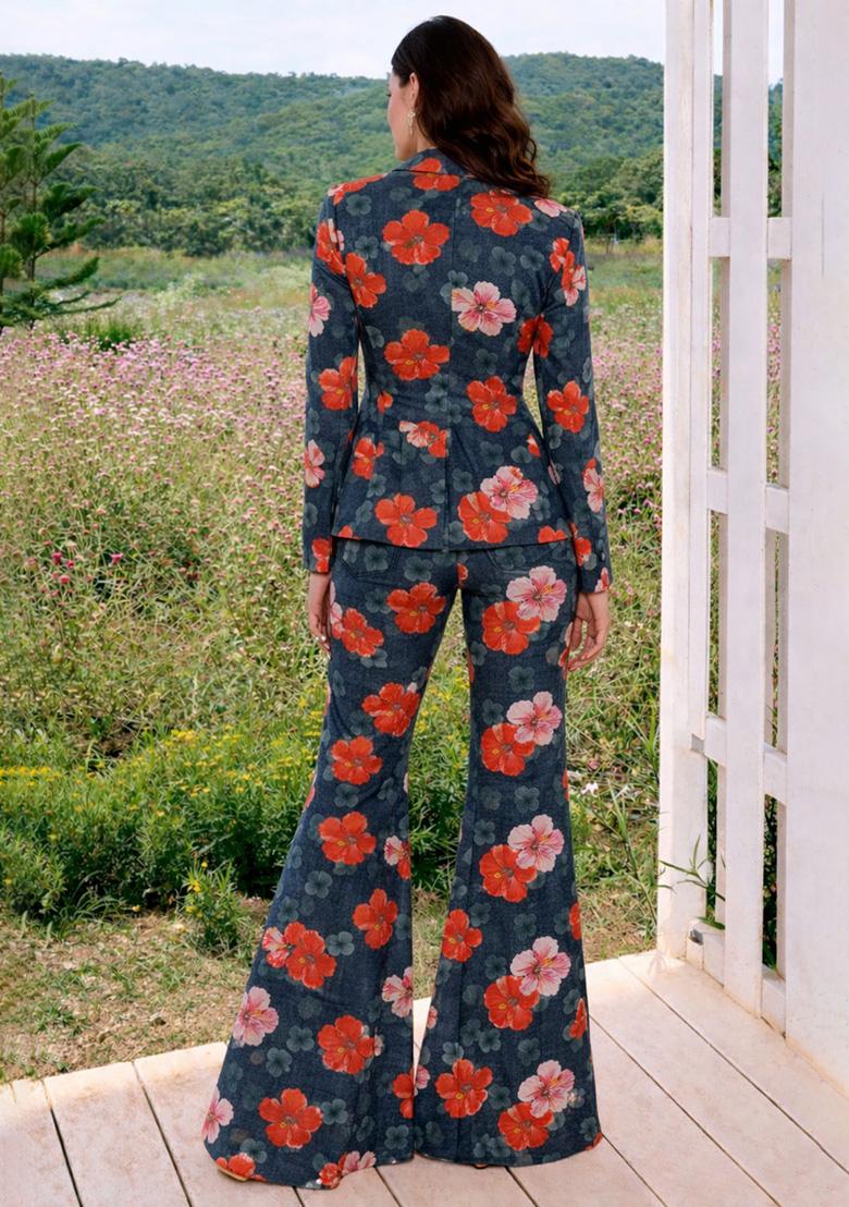 Grey Floral Print Chinon Fusion Set - Indya