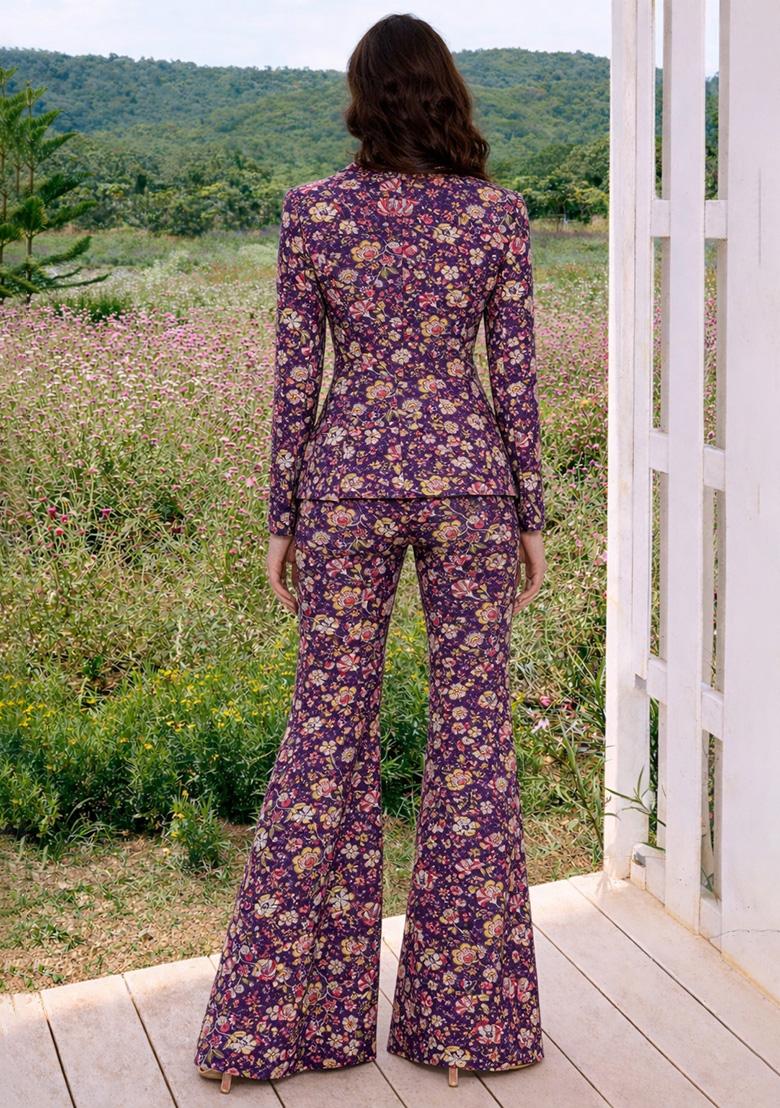 Purple Floral Print Chinon Fusion Set - Indya