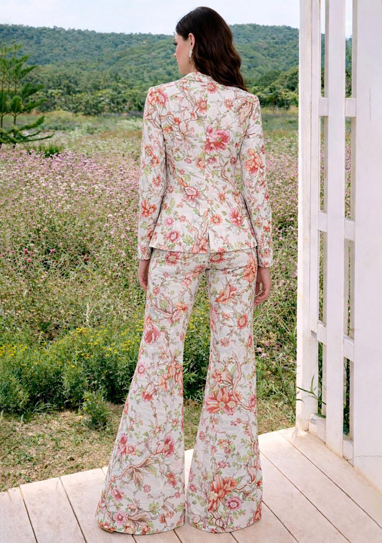 White Floral Print Chinon Fusion Set - Indya