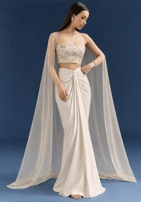 Cream Embroidered Crepe Fusion Set