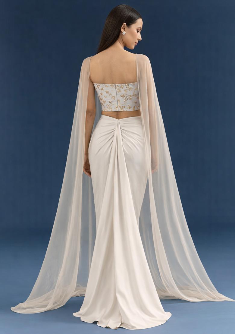 Cream Embroidered Crepe Fusion Set - Indya