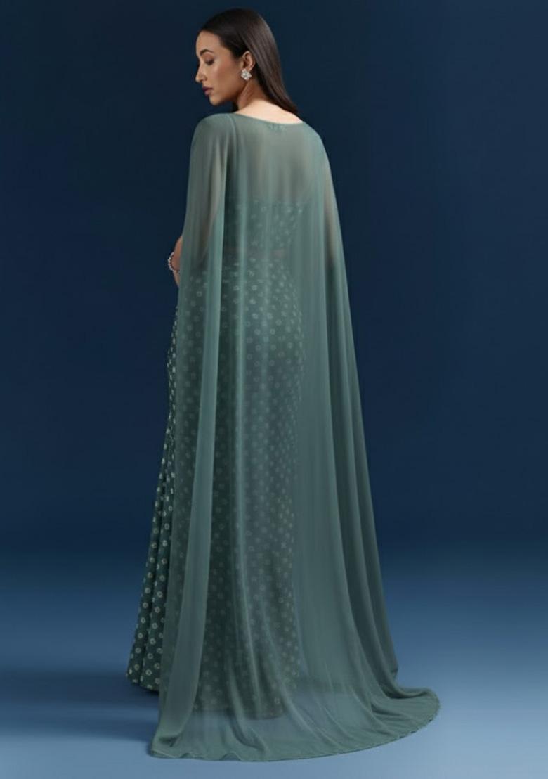 Sage Green Embroidered Moss Fusion Set - Indya