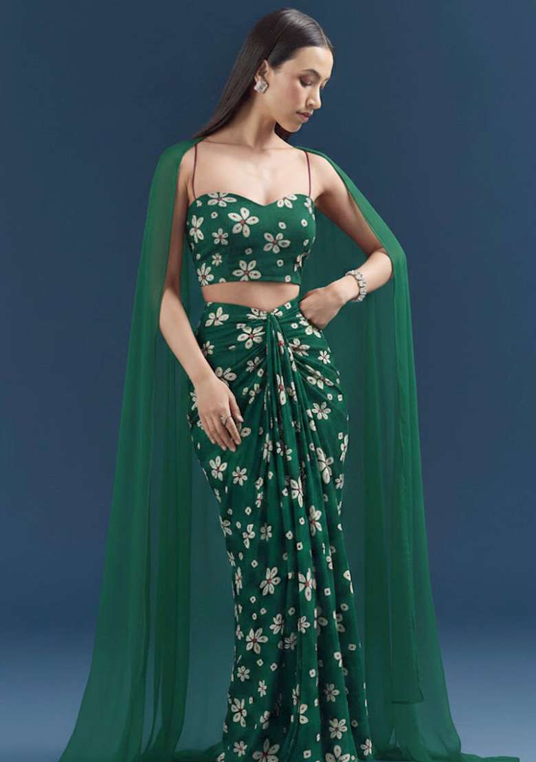 Green Embroidered Velvet Fusion Set - Indya